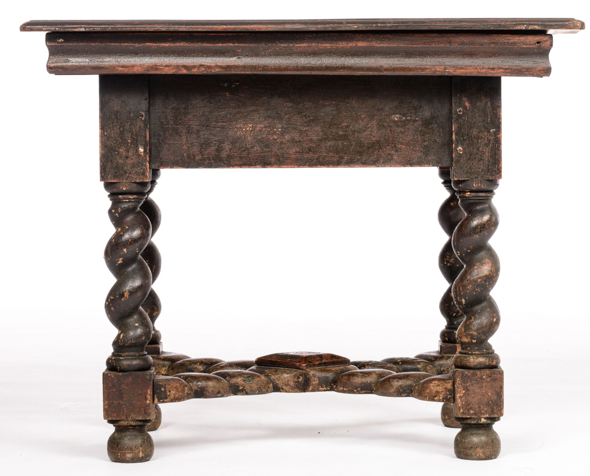 A Southern Europe Baroque style polychrome decorated pine table, with spiral, turned legs, the reser - Bild 4 aus 10