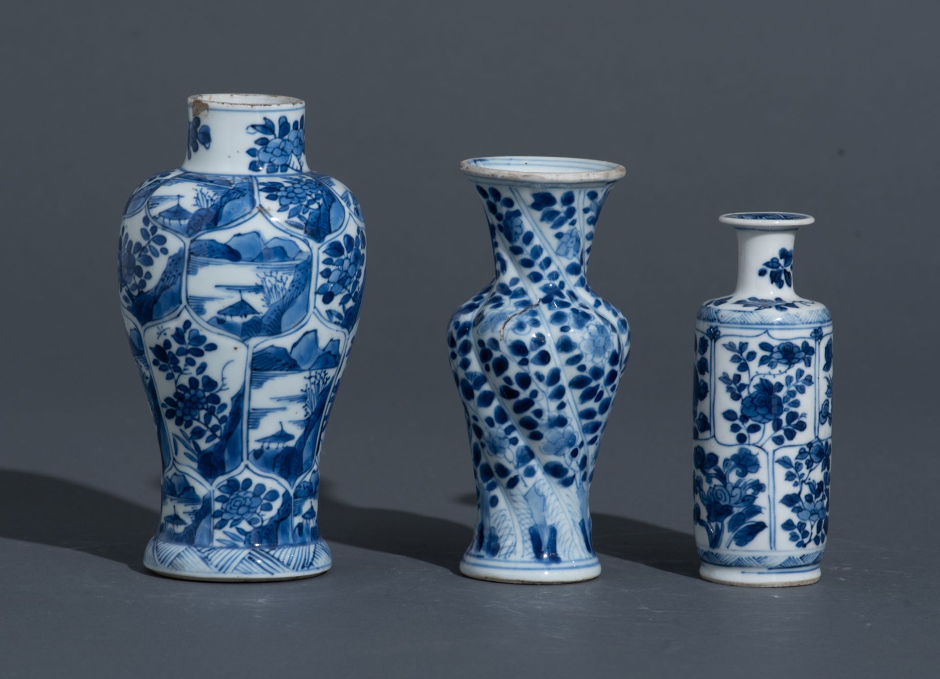 Four Chinese blue and white Kangxi period 'Long Elisa' miniature vases and three ditto floral decora - Image 14 of 17