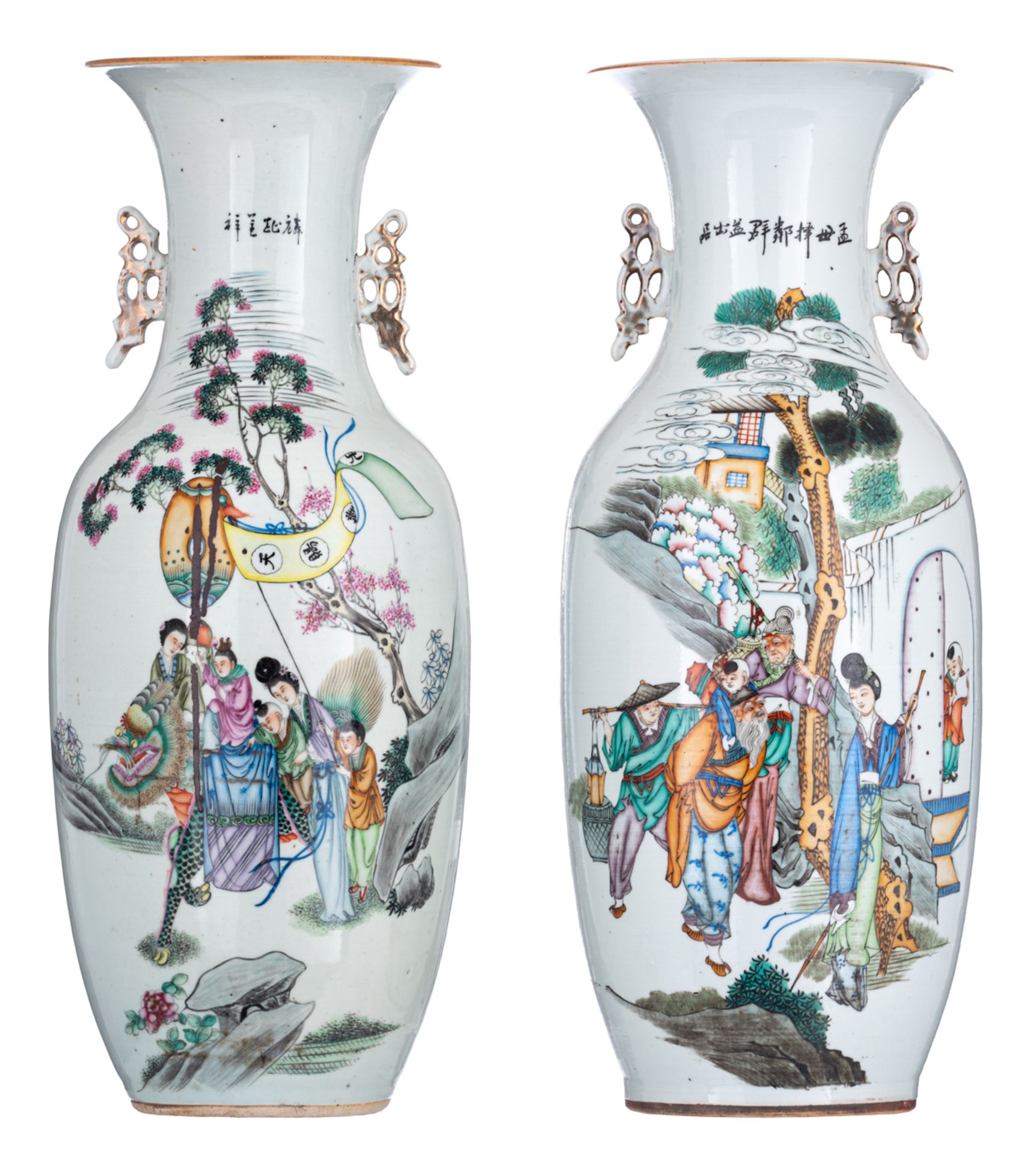 Two Chinese polychrome vases, one vase decorated with the 'qilin bringing the children', the other v