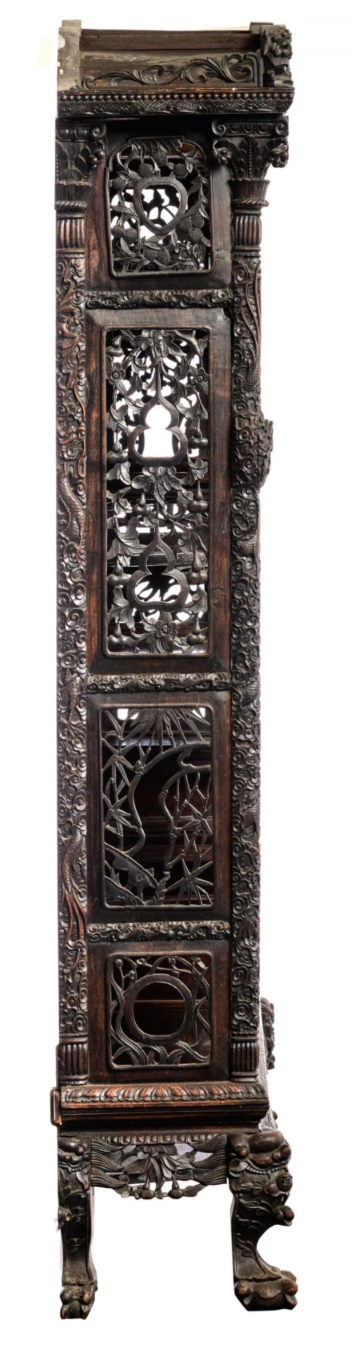 A Chinese exotic hardwood display cabinet, finely sculpted with floral decorations, dragons and Fu l - Bild 5 aus 5