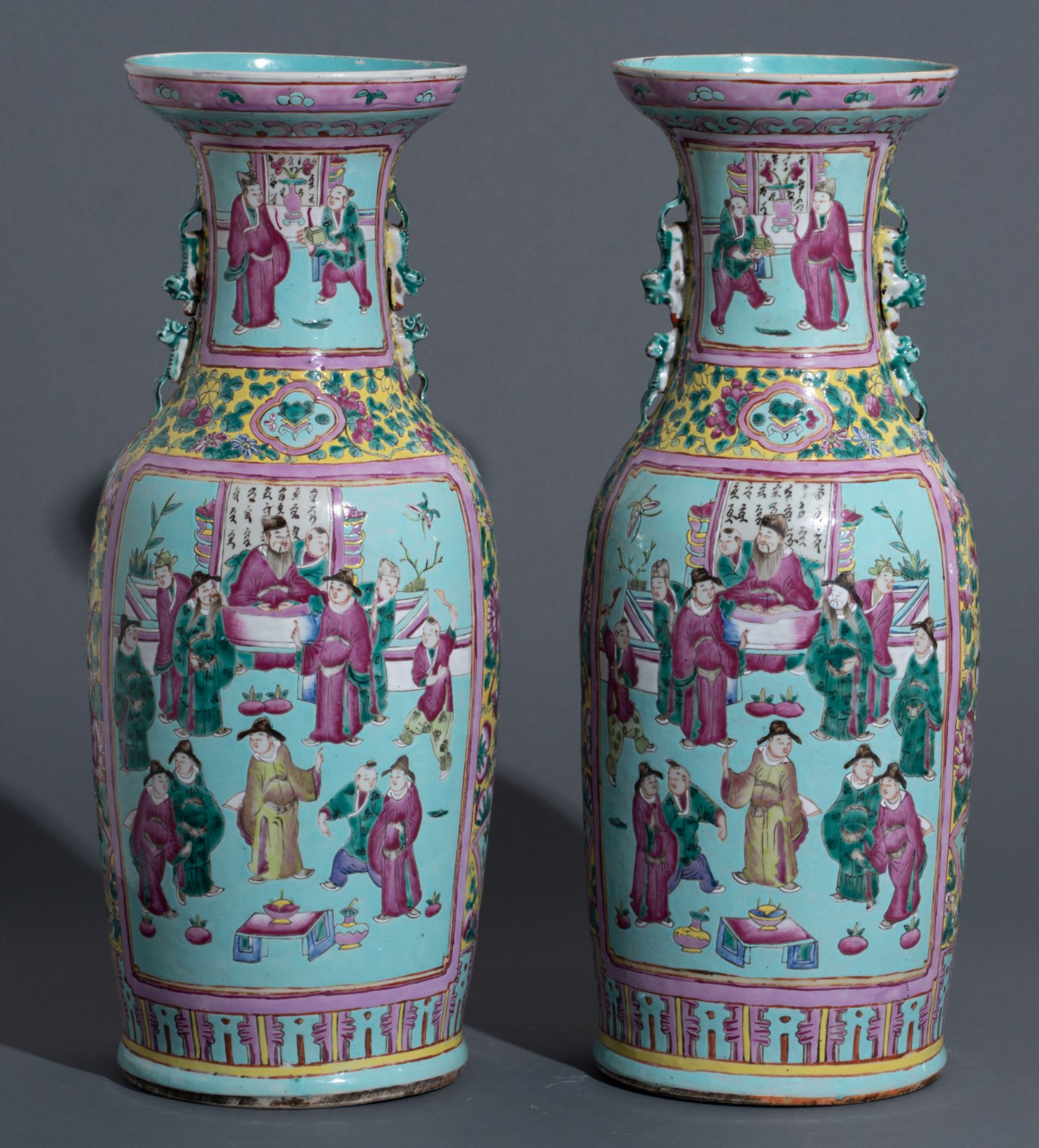A pair of Chinese yellow and pale blue ground floral decorated famille rose vases, the panels with s - Image 3 of 8