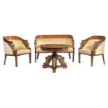 A fine mahogany veneered Empire style furniture set, consisting of two armchairs, a settee and a gué