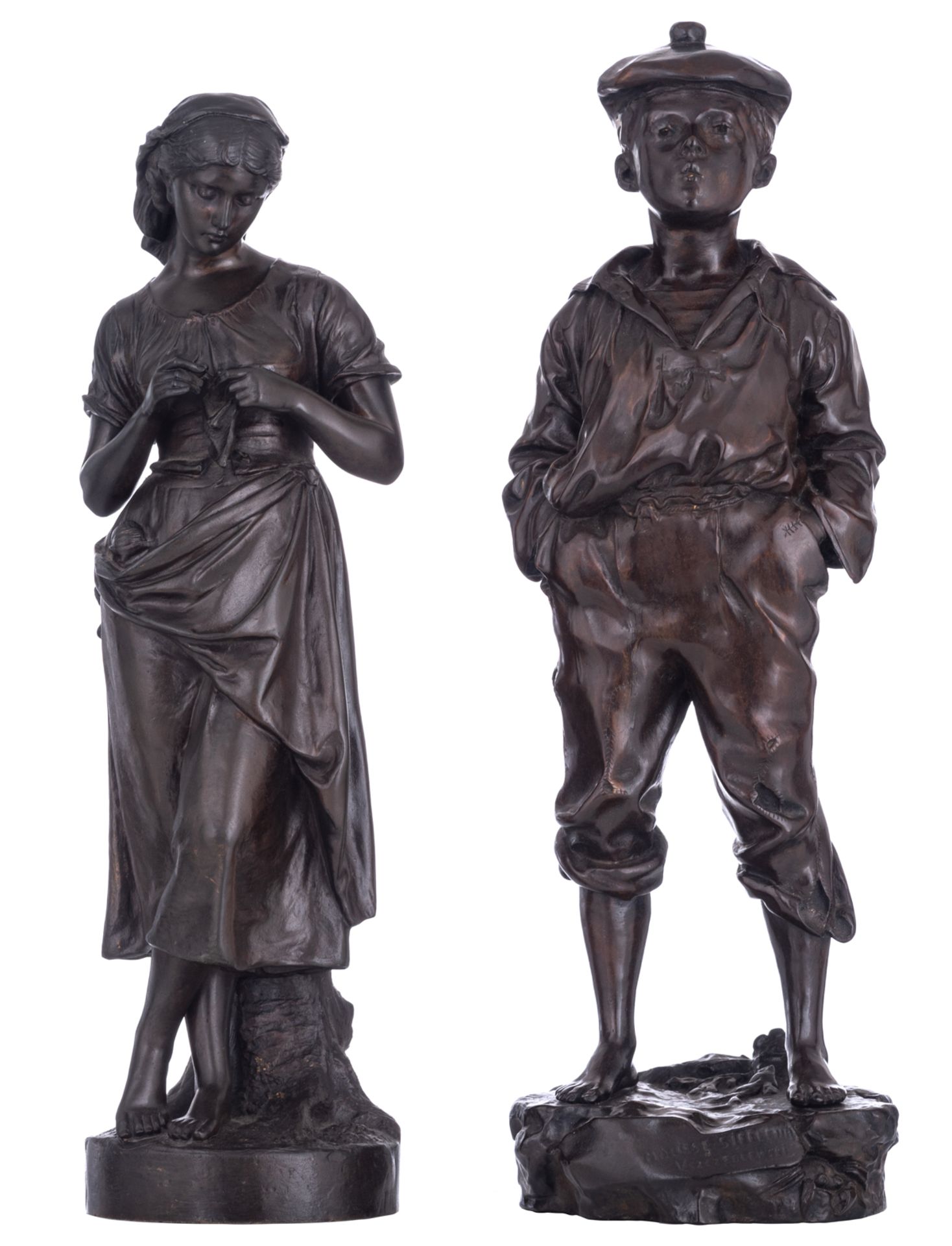 Szczeblewski V., 'Mousse Siffleur', patinated bronze, H 54 cm; added: Laurent, a young beauty sewing