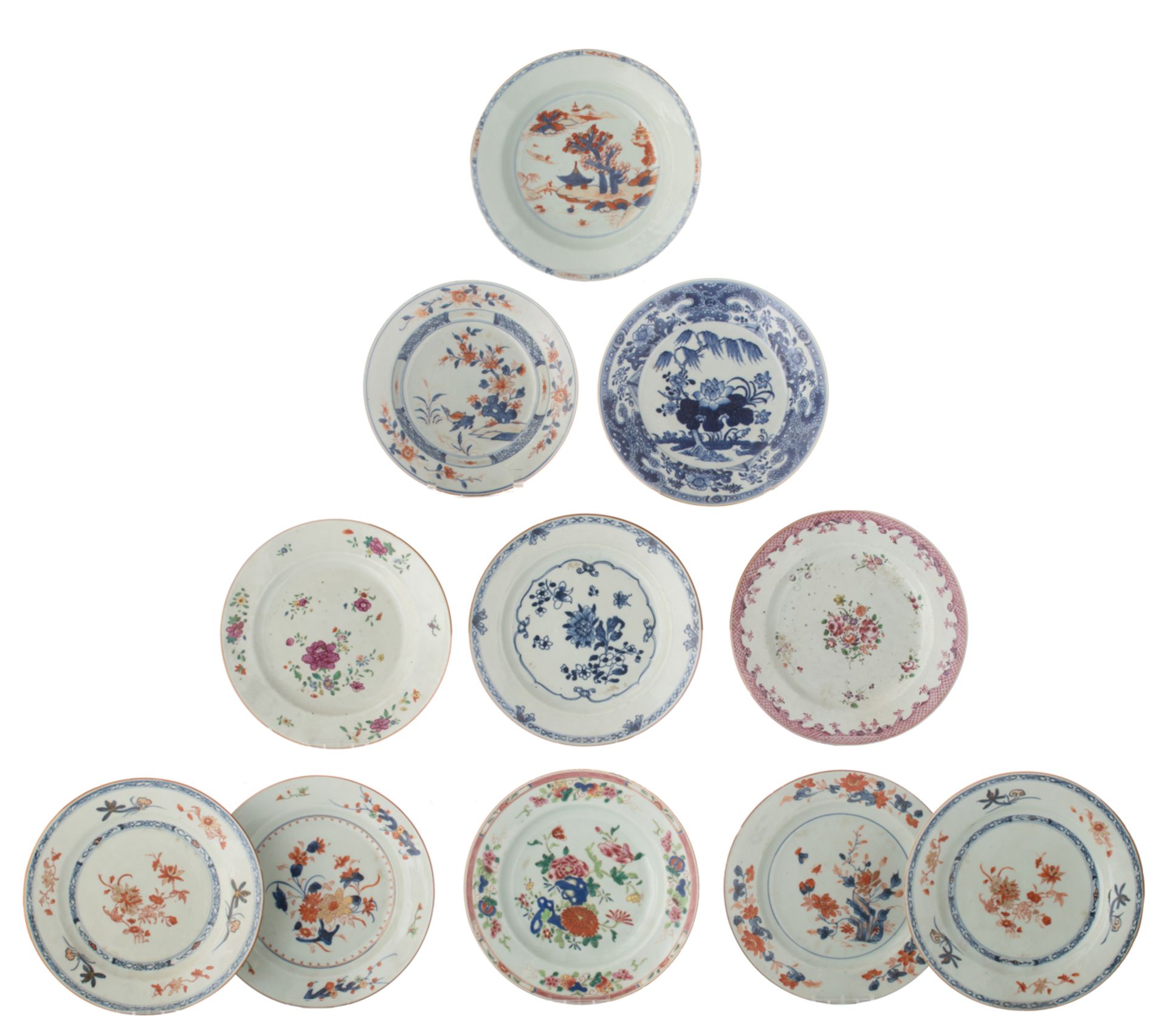 Eleven Chinese export porcelain dishes, floral decorated in Imari, famille rose, and underglaze blue