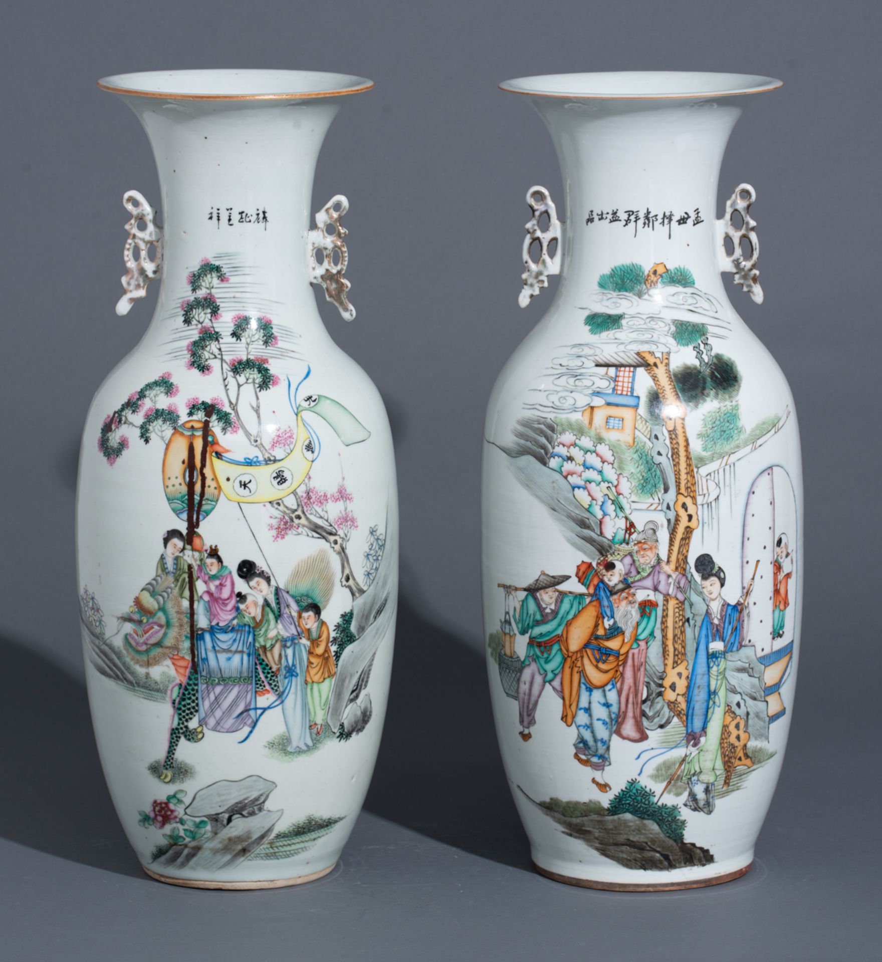 Two Chinese polychrome vases, one vase decorated with the 'qilin bringing the children', the other v - Bild 2 aus 7