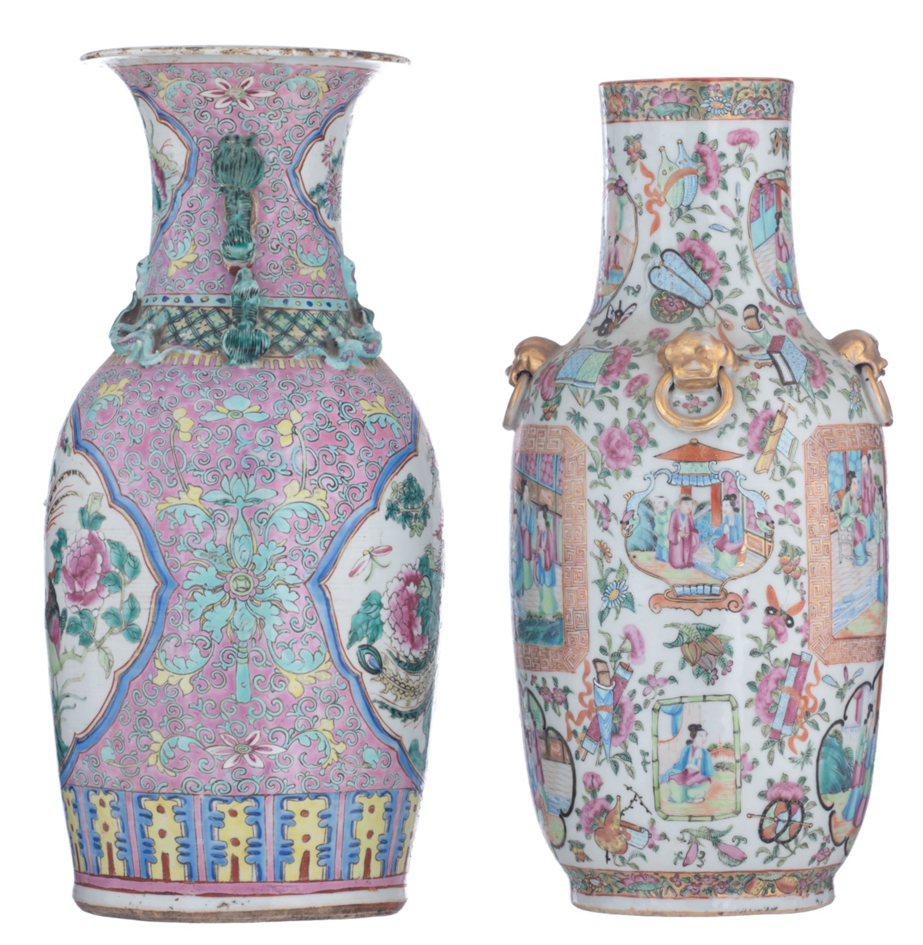 A Chinese Canton famille rose floral decorated vase, the panels with animated scenes with figures; a - Bild 4 aus 7