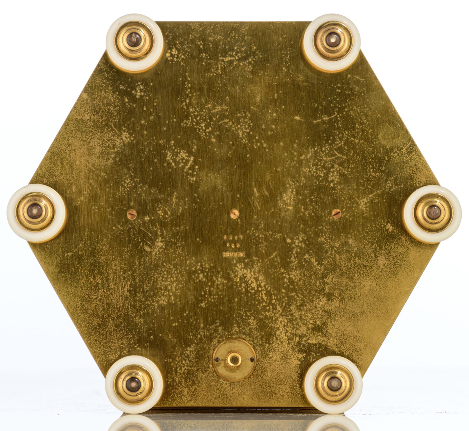 A combined hexagonal box containing a jewelry store-compartment, a table clock and a barometer, gilt - Image 7 of 9