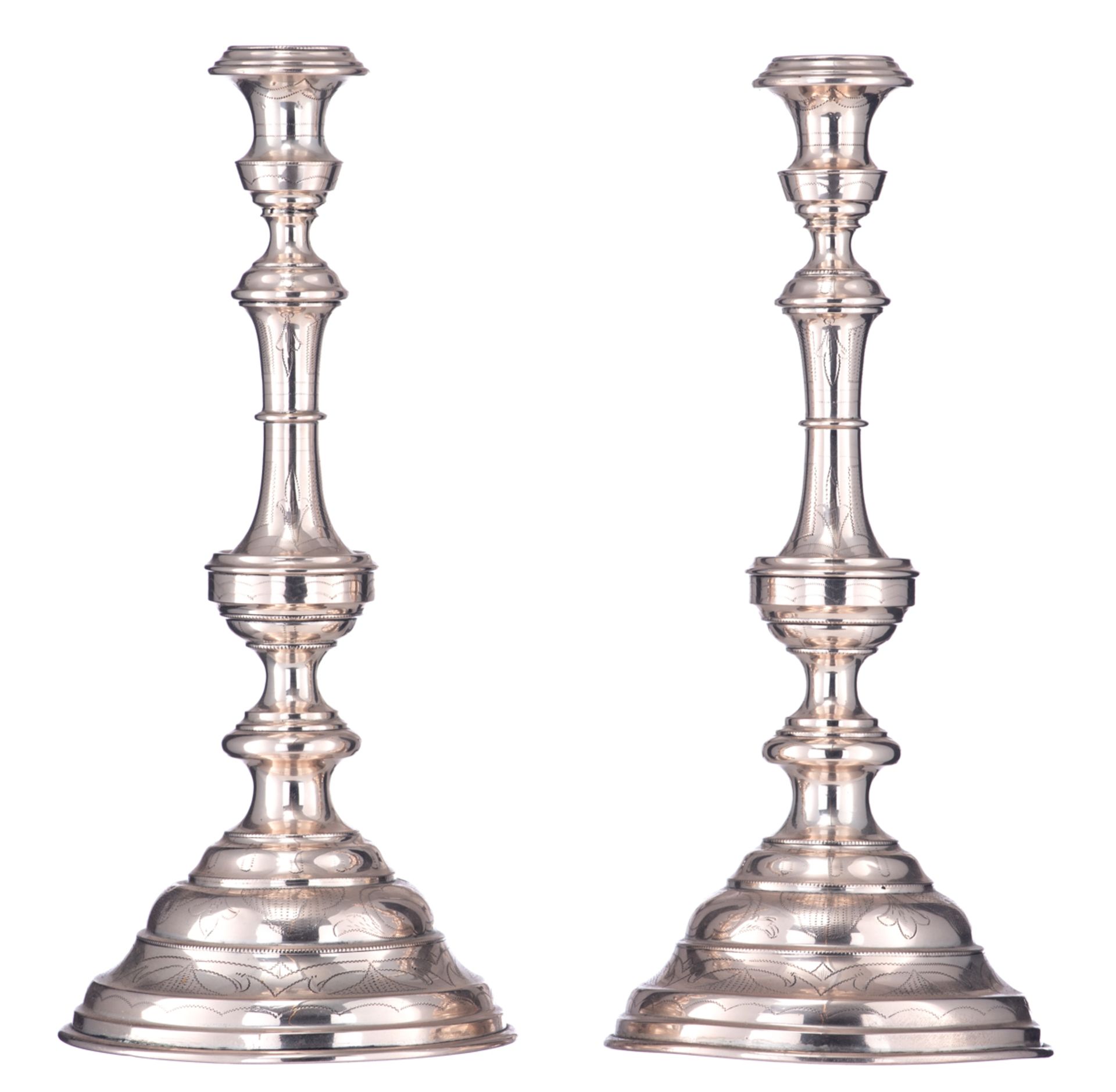 A pair of late 19th / early 20thC. Austro-Hungarian - Vienna 800/000 silver candlesticks, the body e