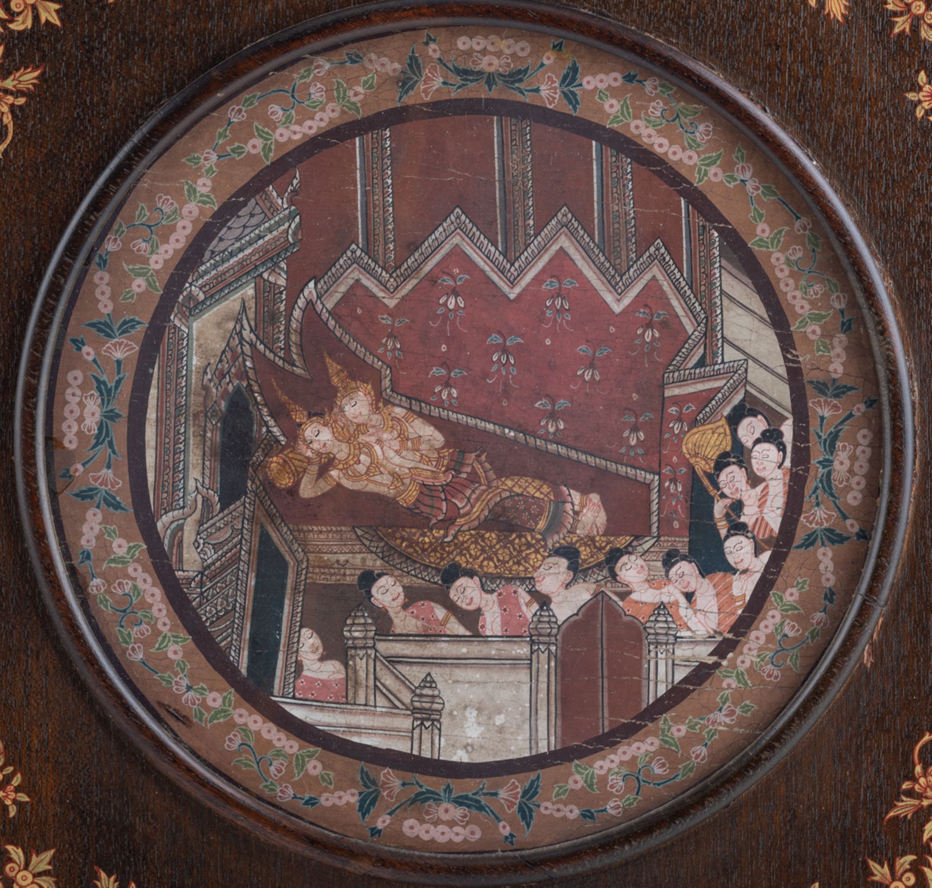 Two Southeast Asian circular paintings, one depicting ladies in an interior, the other with ladies o - Image 4 of 4