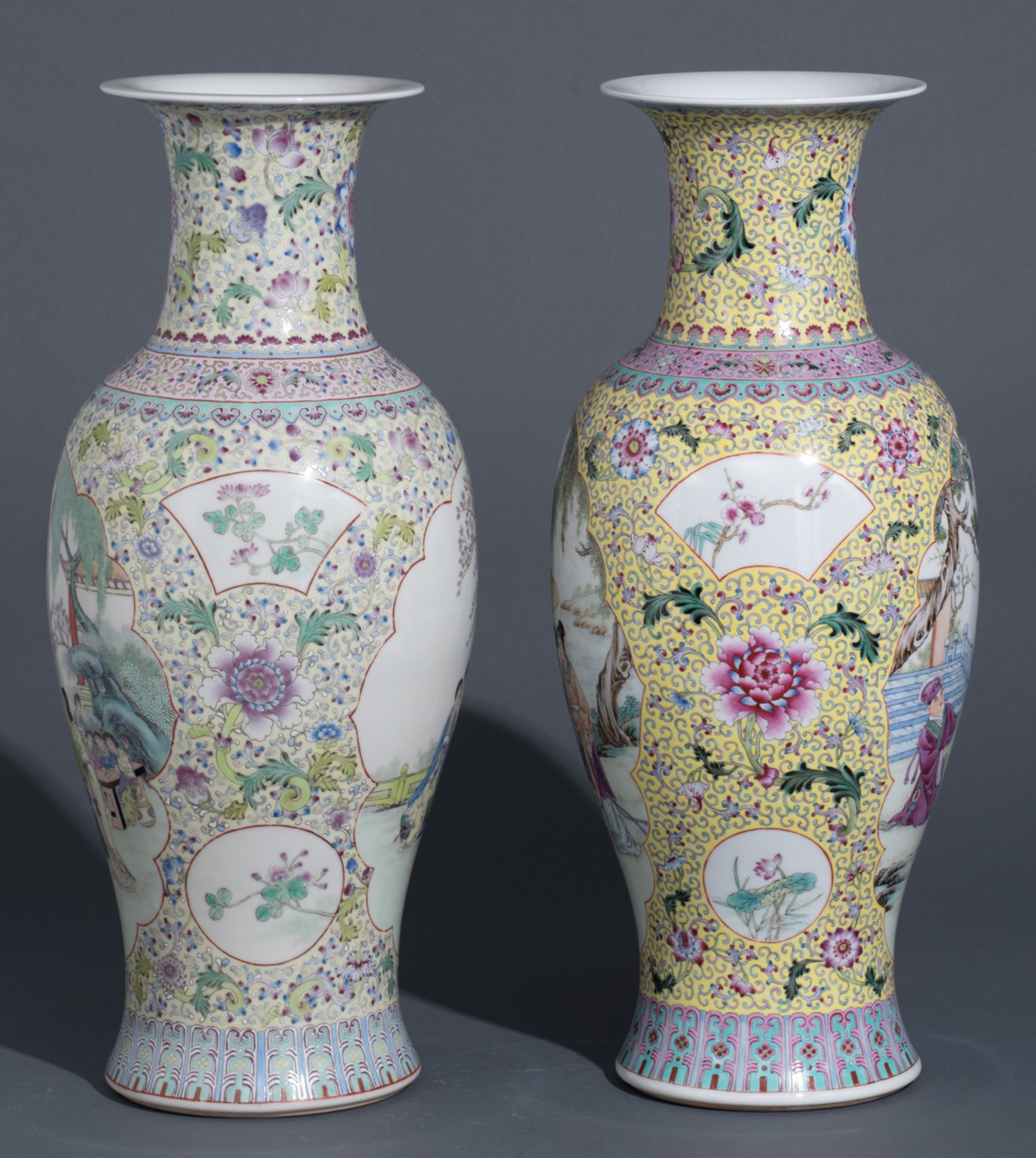 A Chinese Republic period yellow ground famille rose floral decorated vase, the panels with animated - Image 4 of 10