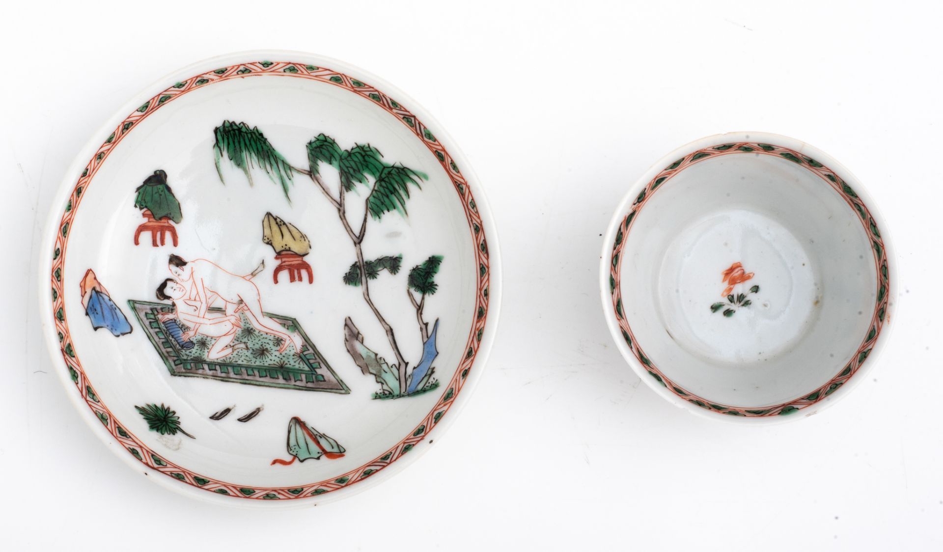 A Chinese famille verte cup and saucer, decorated with an erotic scene, Kangxi symbol mark and of th - Bild 3 aus 7