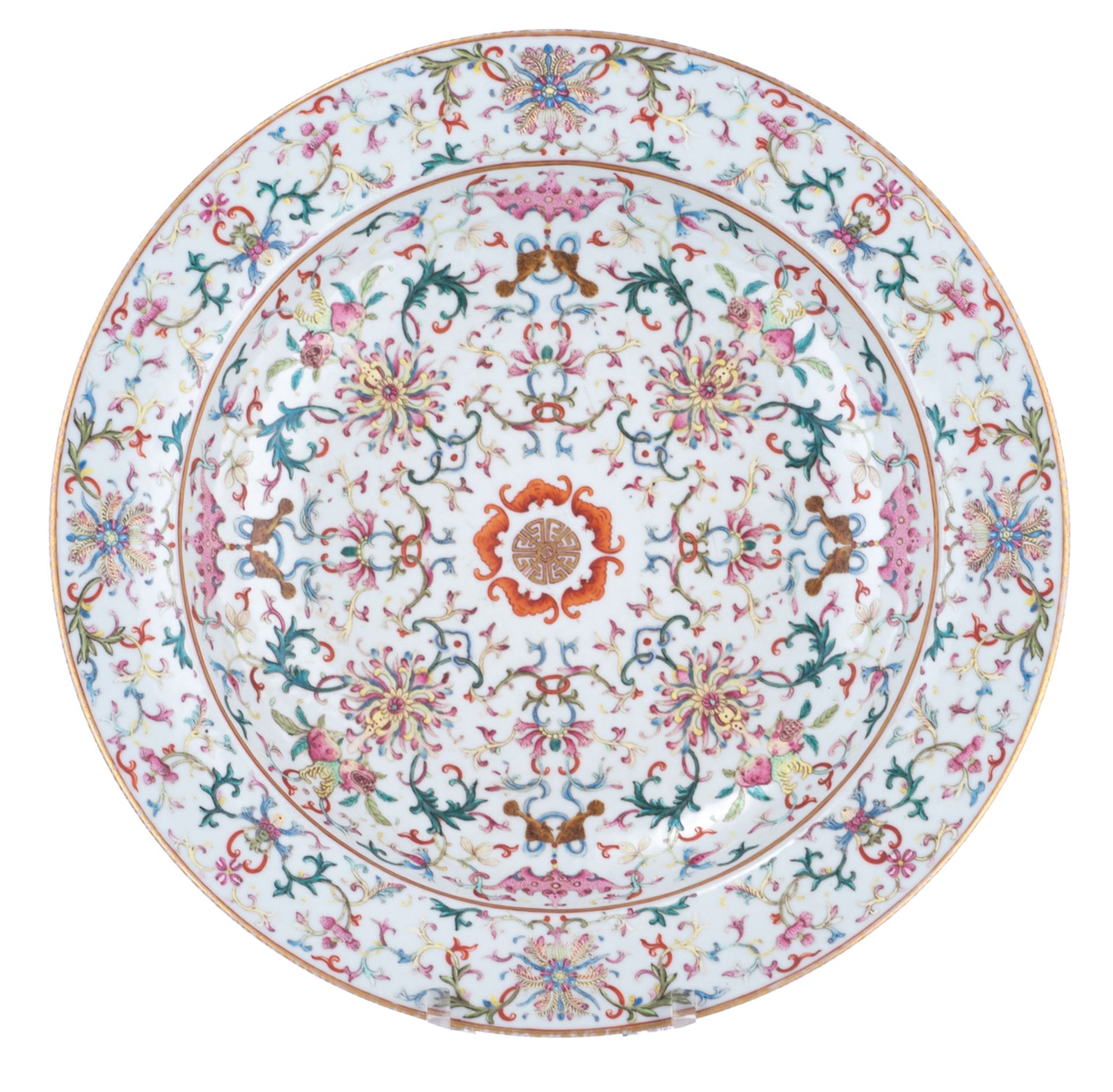 A Chinese famille rose plate, decorated with scrolling lotus, the centre with bats, fish, peaches an