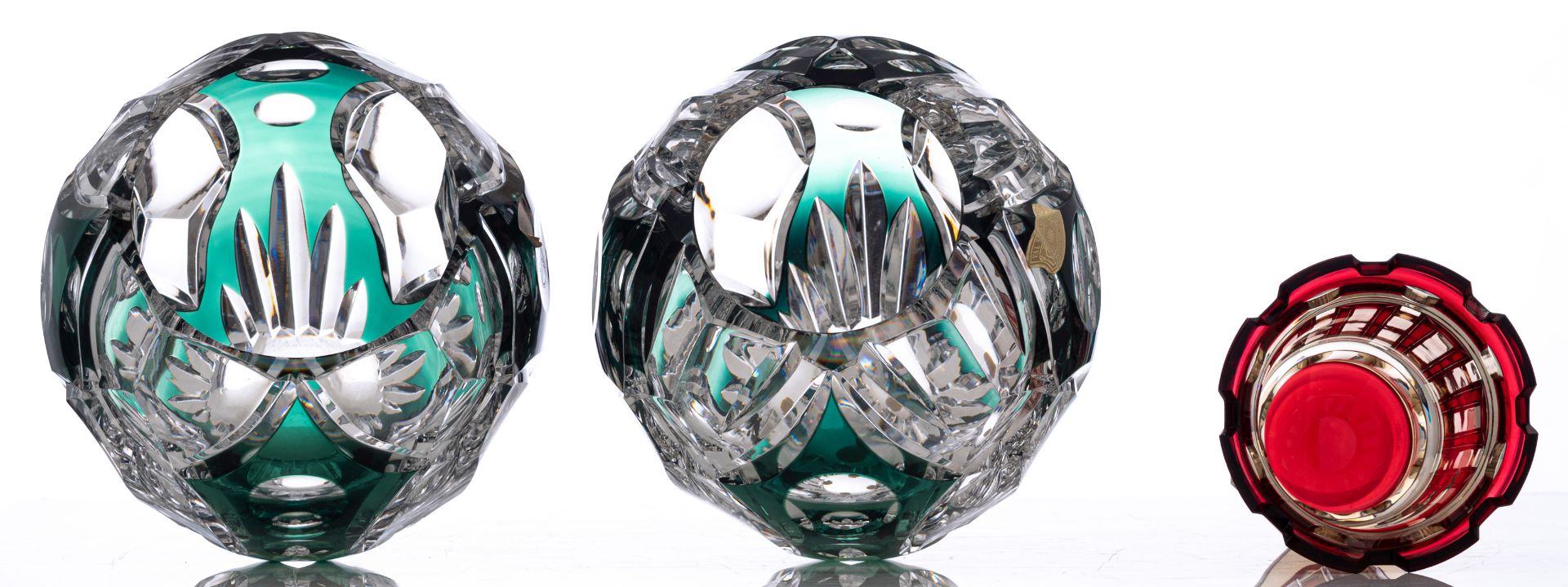Two crystal cut green overlay Val-Saint-Lambert vases, one dedicated 'In Honour of the 25th annivers - Image 6 of 15