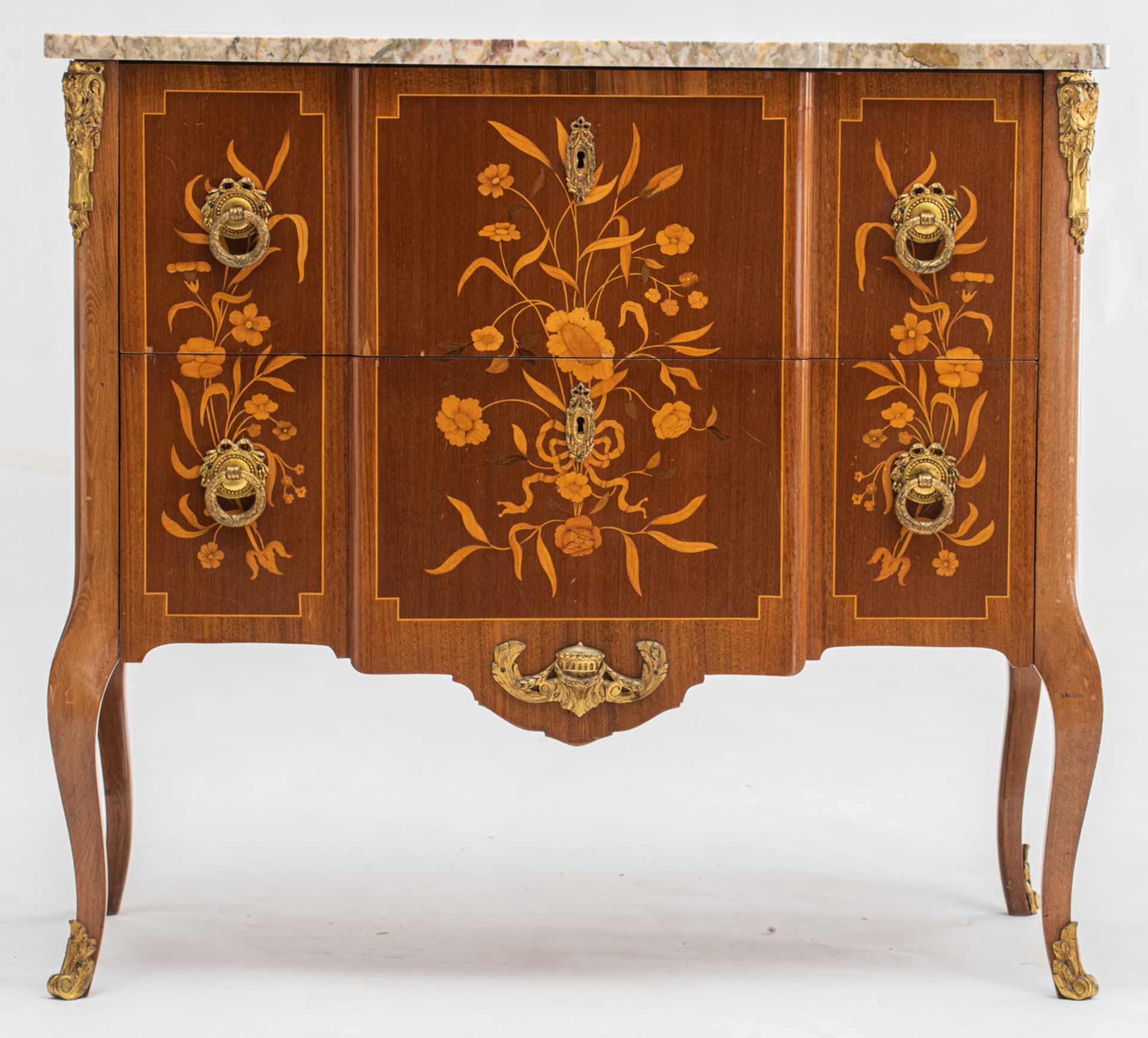 A walnut veneered French Transition style commode, with floral marquetry of cherrywood and mahogany, - Bild 2 aus 6