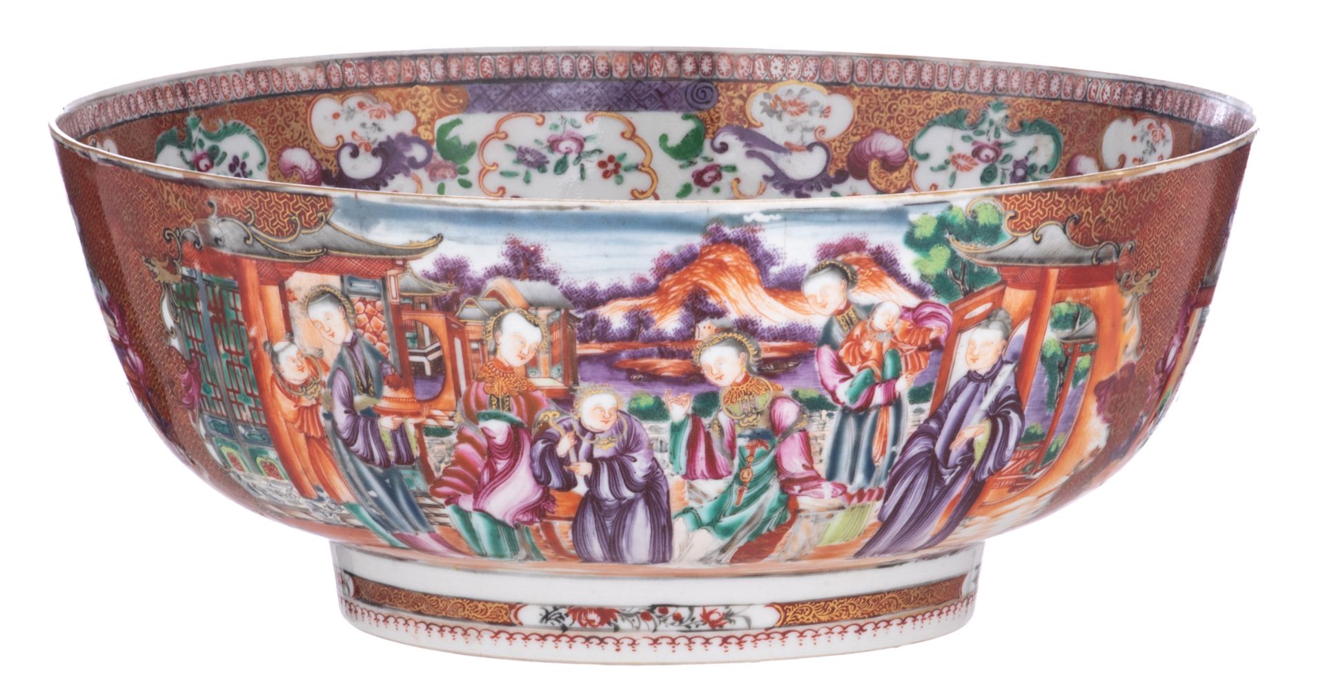 A Chinese 'Mandarin pattern' export porcelain punch bowl, the panels with ladies on a terrace, 18thC