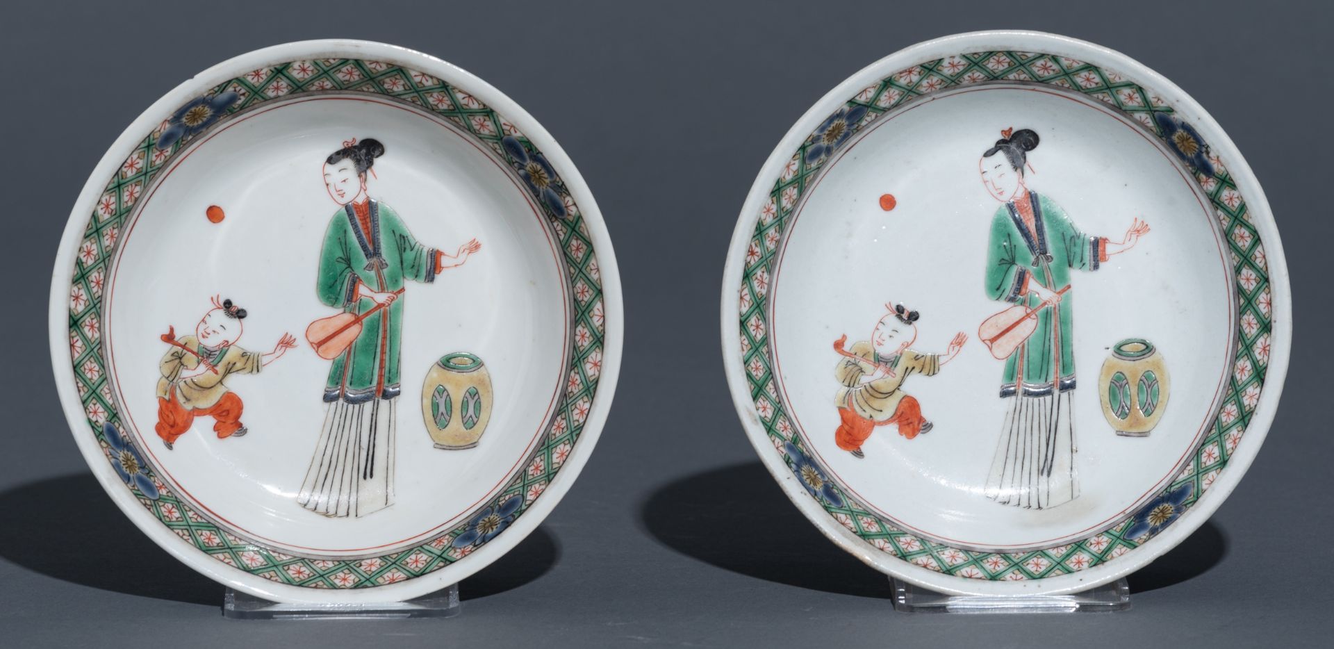 Two Chinese famille verte trays, decorated with a beauty and a boy; added a ditto biscuit fang-hu te - Image 2 of 10