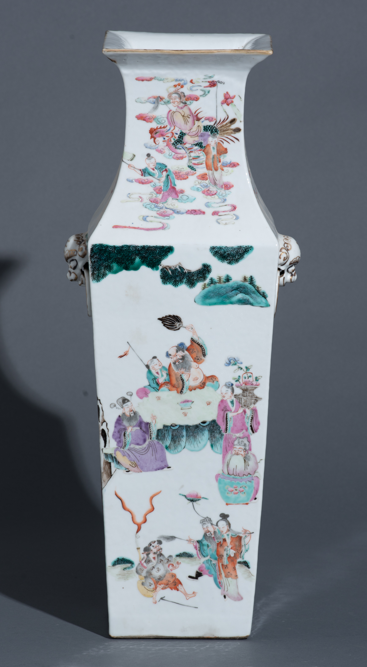 A Chinese famille rose fanghu vase, decorated with the Eight Immortals, paired with Fu-lion head han - Image 4 of 8