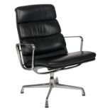 A design EA216 lounge lobby chair, black leather upholstered on a chromed aluminium base, design by