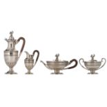 A charming Neoclassical four-piece silver coffee and tea set, with a walnut wooden grip, Wolfers hal