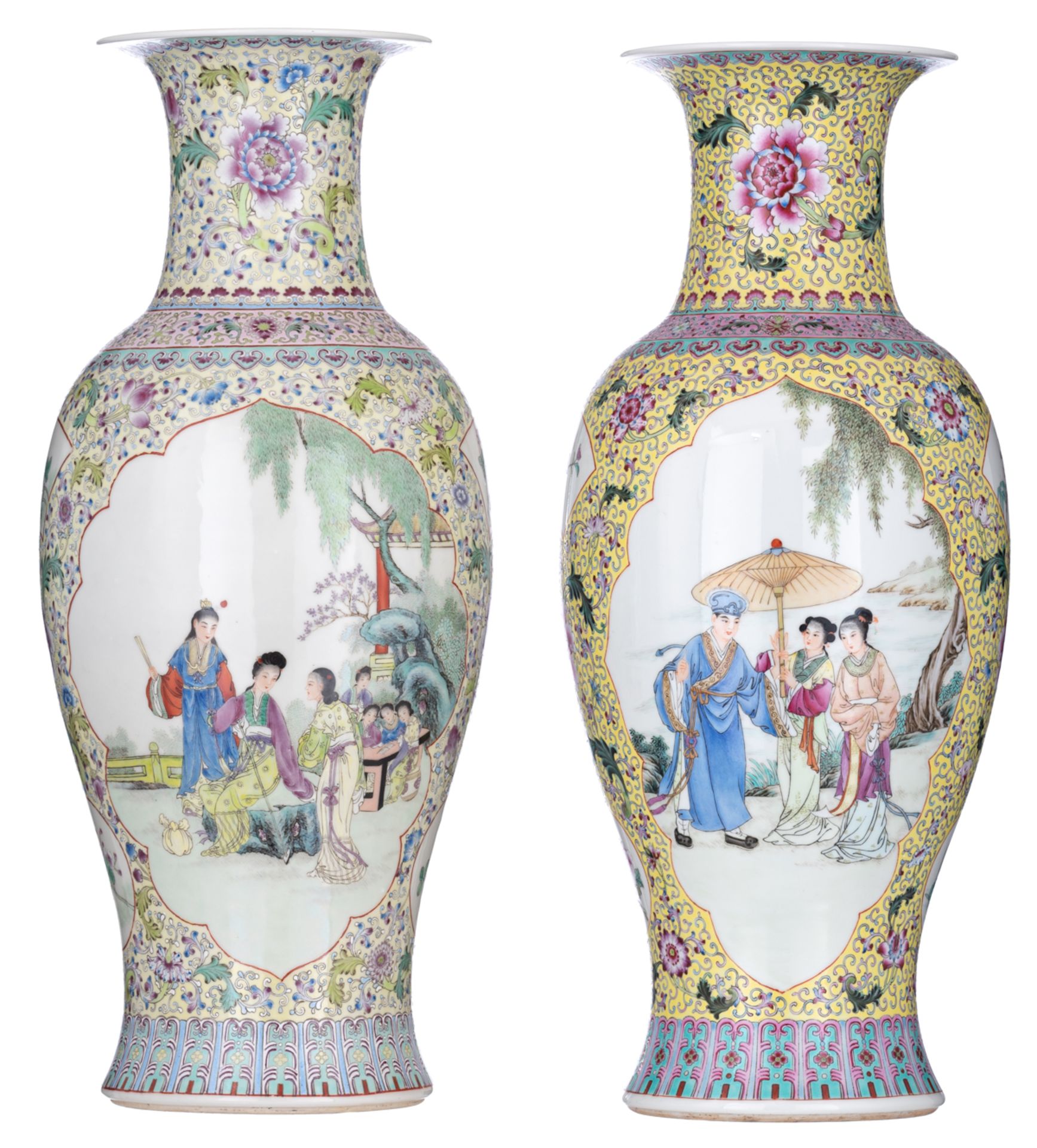 A Chinese Republic period yellow ground famille rose floral decorated vase, the panels with animated