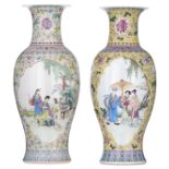 A Chinese Republic period yellow ground famille rose floral decorated vase, the panels with animated