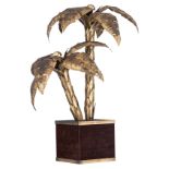 A vintage brass Maison Jansen palm tree lamp on a velvet upholstered base, H 95 cm