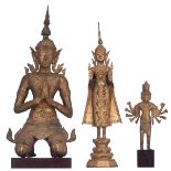 Three Thai gilt bronze Buddha's, two standing and one seated, H 35,5 - 79,5 (without base) - 44 - 84