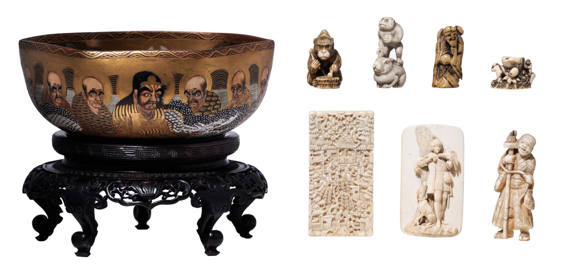 A varied lot of Japanese and Chinese display items: a third quarter of the 19thC high-quality hexago