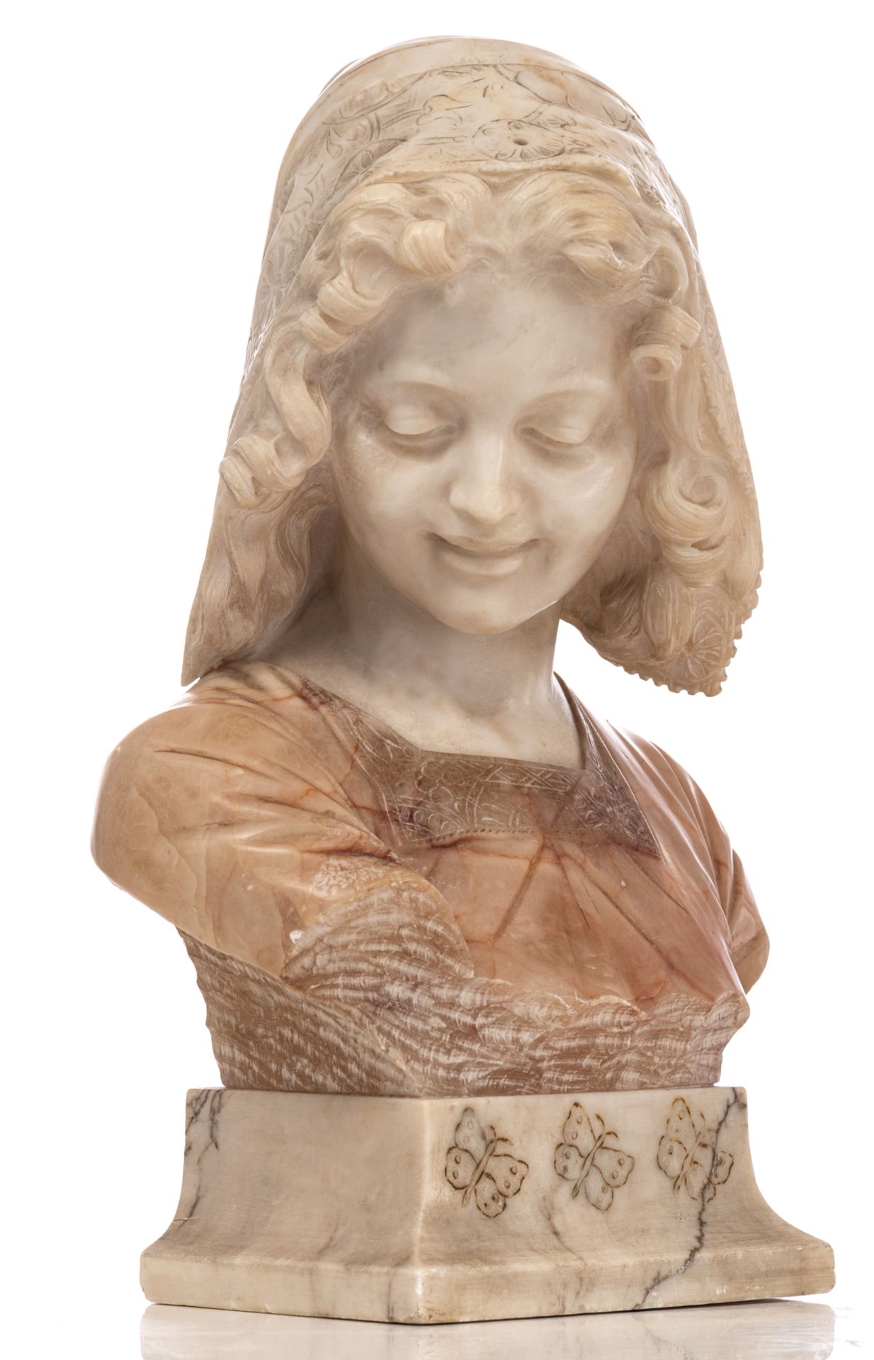 Bessi G., the bust of a young girl, Carrara marble and alabaster on a matching Neoclassical marble c - Bild 3 aus 8