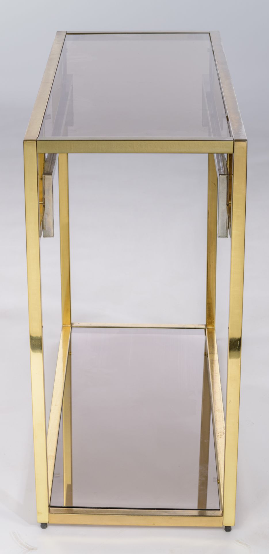 A vintage polished brass and glass console table, in the manner of Belgo Chrom, H 82 - W 96 - D 40 c - Bild 6 aus 14
