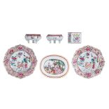 Two Chinese famille rose lotus-shaped saucers, decorated with 'Magu and the deer'; added two ditto s