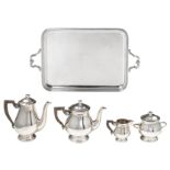 A silver plated Neoclassical four-part coffee and tea set with wooden handles, on a matching tray, C