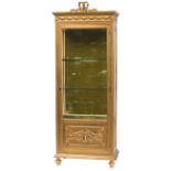 A gilt wooden Louis XVI style display cabinet, beveled glass plate, and the inside with green velvet