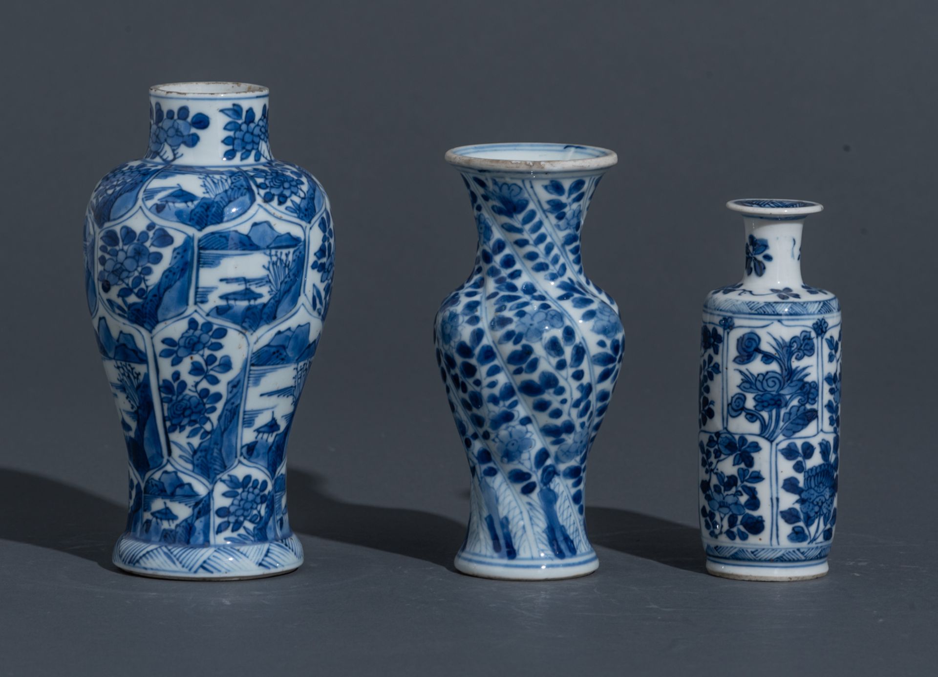 Four Chinese blue and white Kangxi period 'Long Elisa' miniature vases and three ditto floral decora - Image 15 of 17