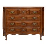 A finely sculpted oak provincial Rococo style commode with brass mounts, H 120 - W 164 - D 59 cm