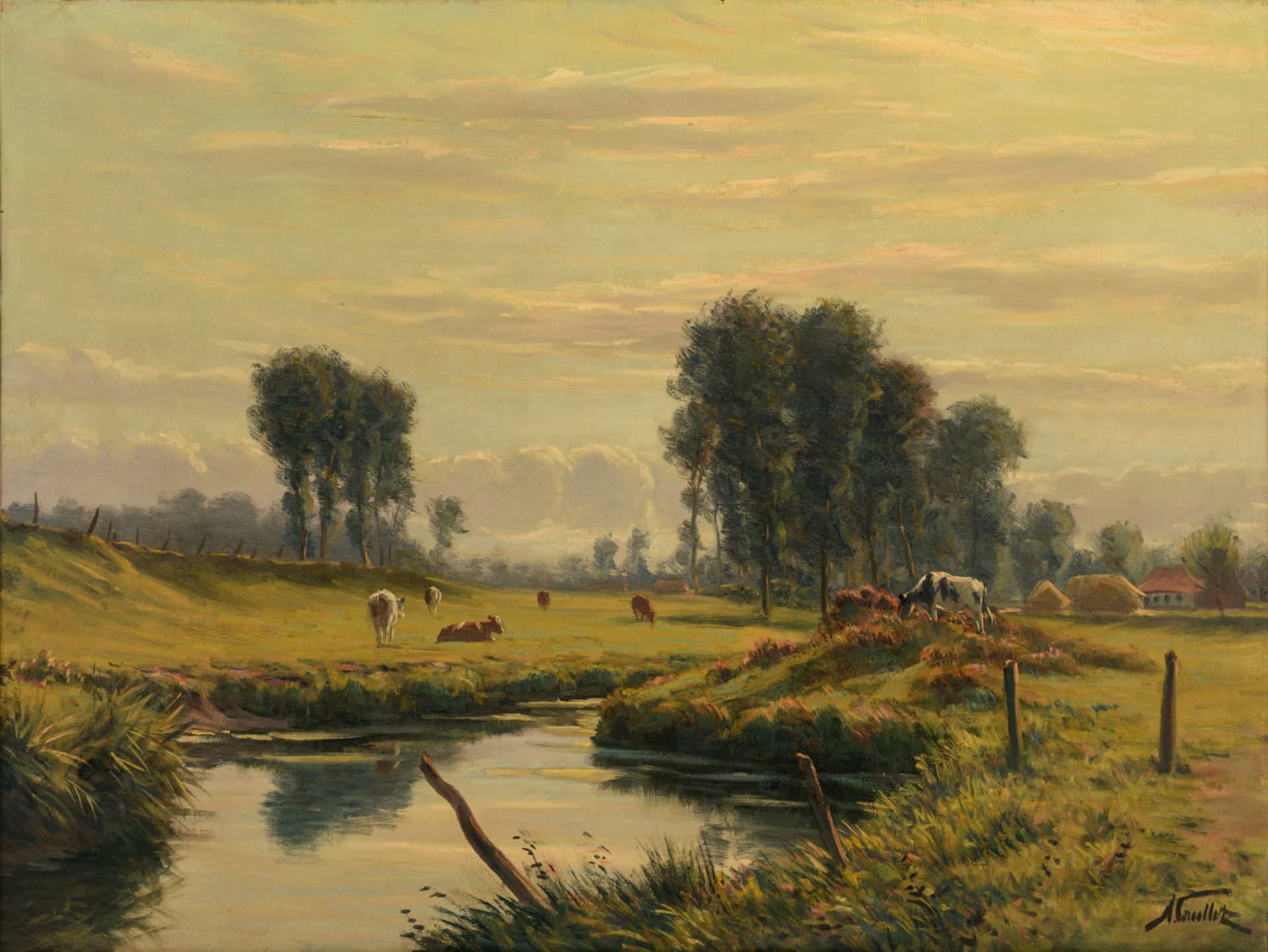 Caullet A., the cattle near the pond, oil on canvas, 75 x 100 cm