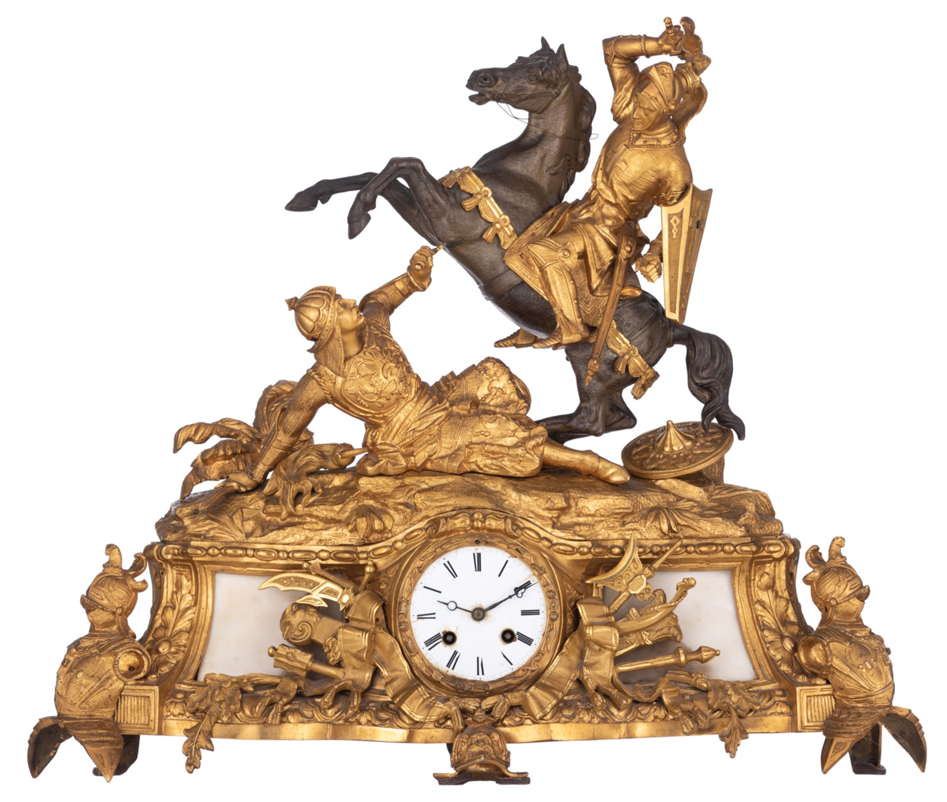 A gilt and patinated bronze mantle clock 'à sujèt', on top a crusader fighting a Moorish soldier, de