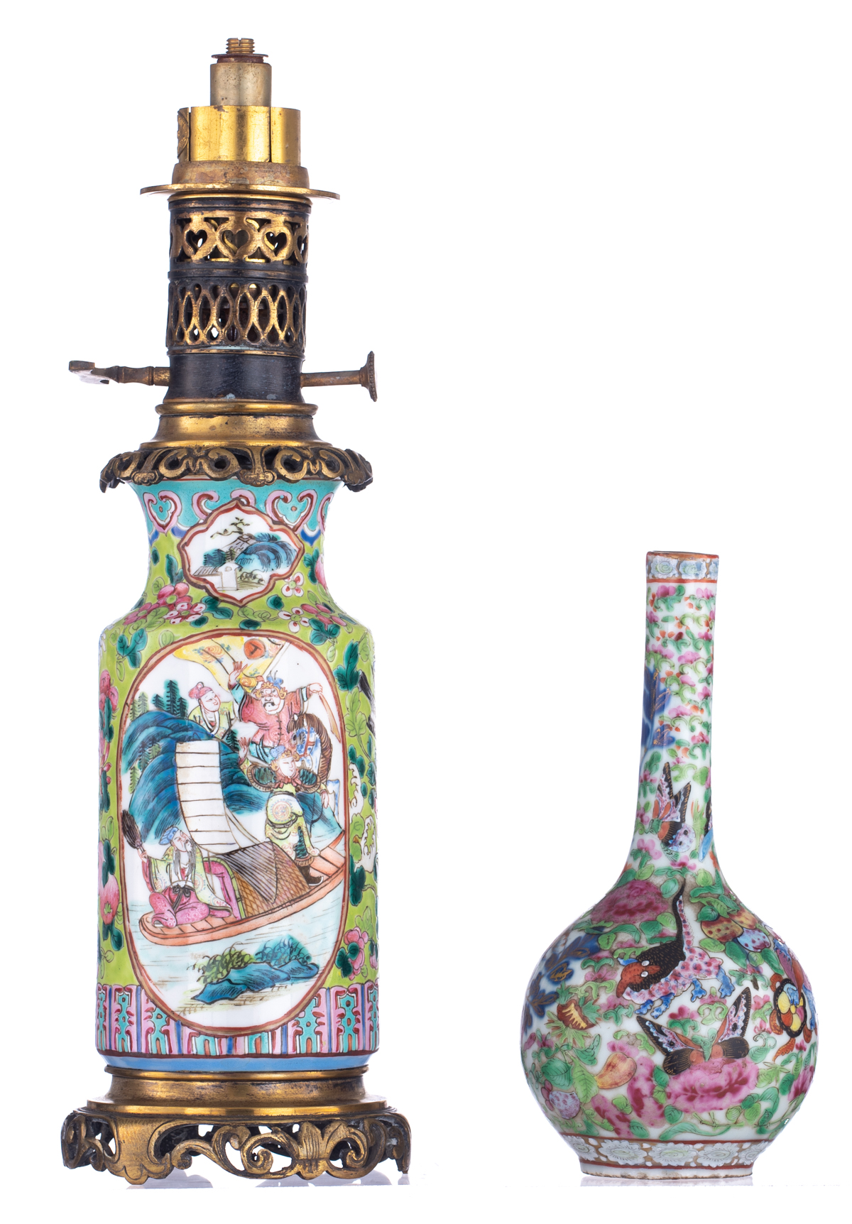 A small Chinese famille rose and gilt bottle vase, decorated with flowers and butterflies; added a d - Image 3 of 6