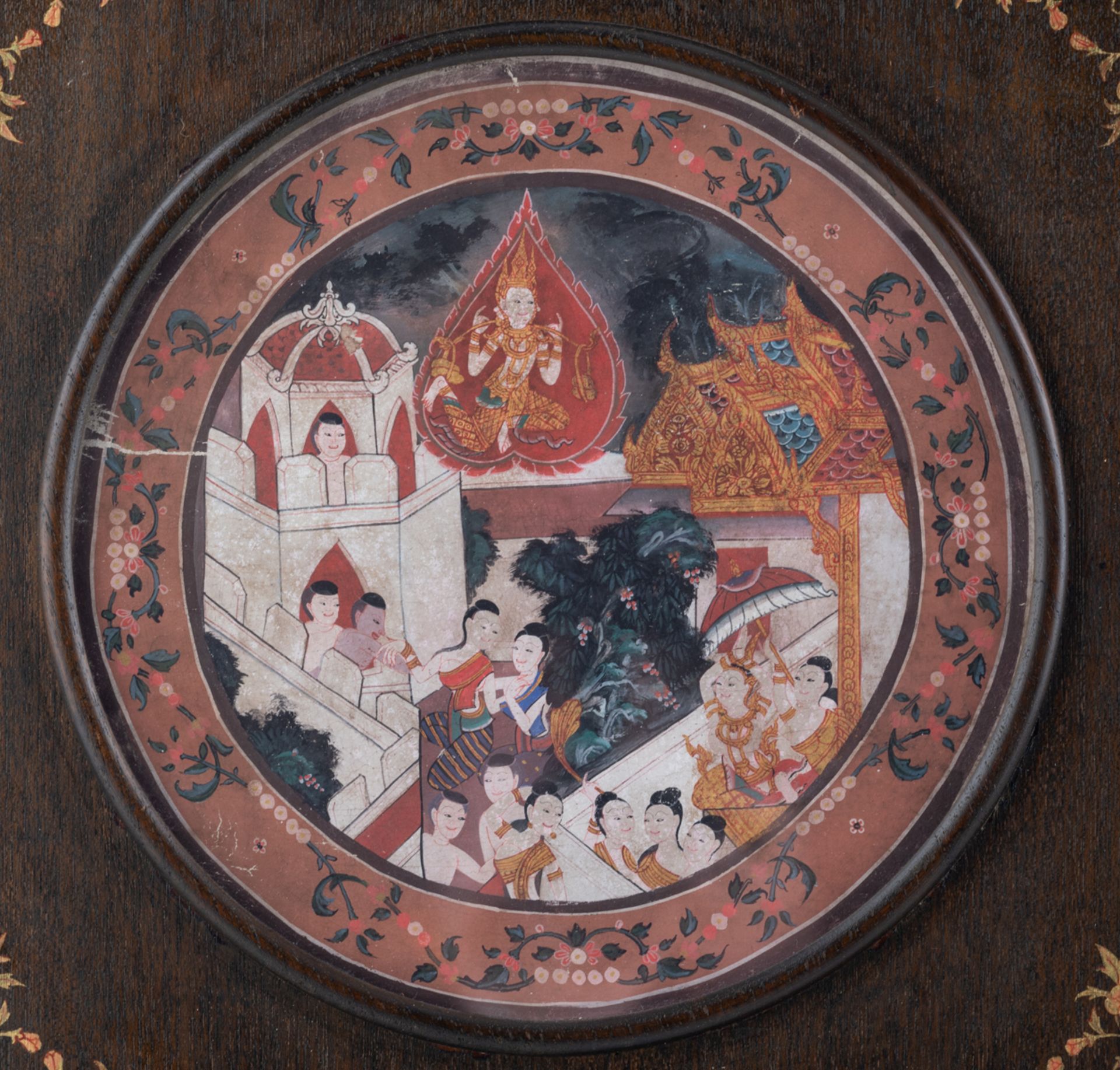 Two Southeast Asian circular paintings, one depicting ladies in an interior, the other with ladies o - Image 3 of 4