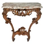 A finely sculpted oak Rococo console with a Brèche marble top, mid 18thC, H 85 - W 78 - D 47 cm