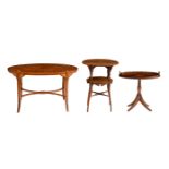 A set of three mahogany and rosewood occasional tables, decorated with marquetry in various wood spe