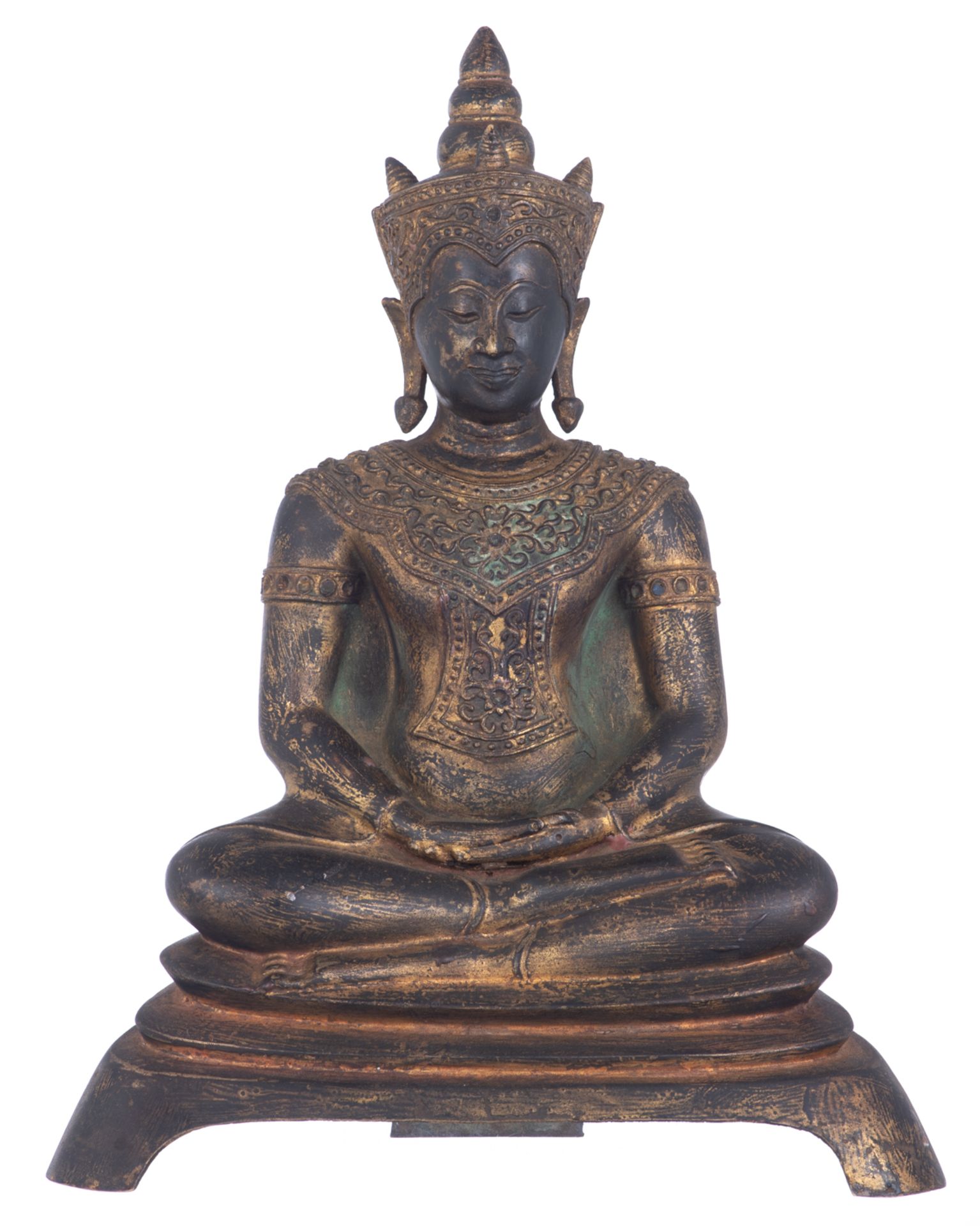 An Oriental gilt bronze seated figure of a Buddha in meditation, with semi-precious stone inlay, H 3