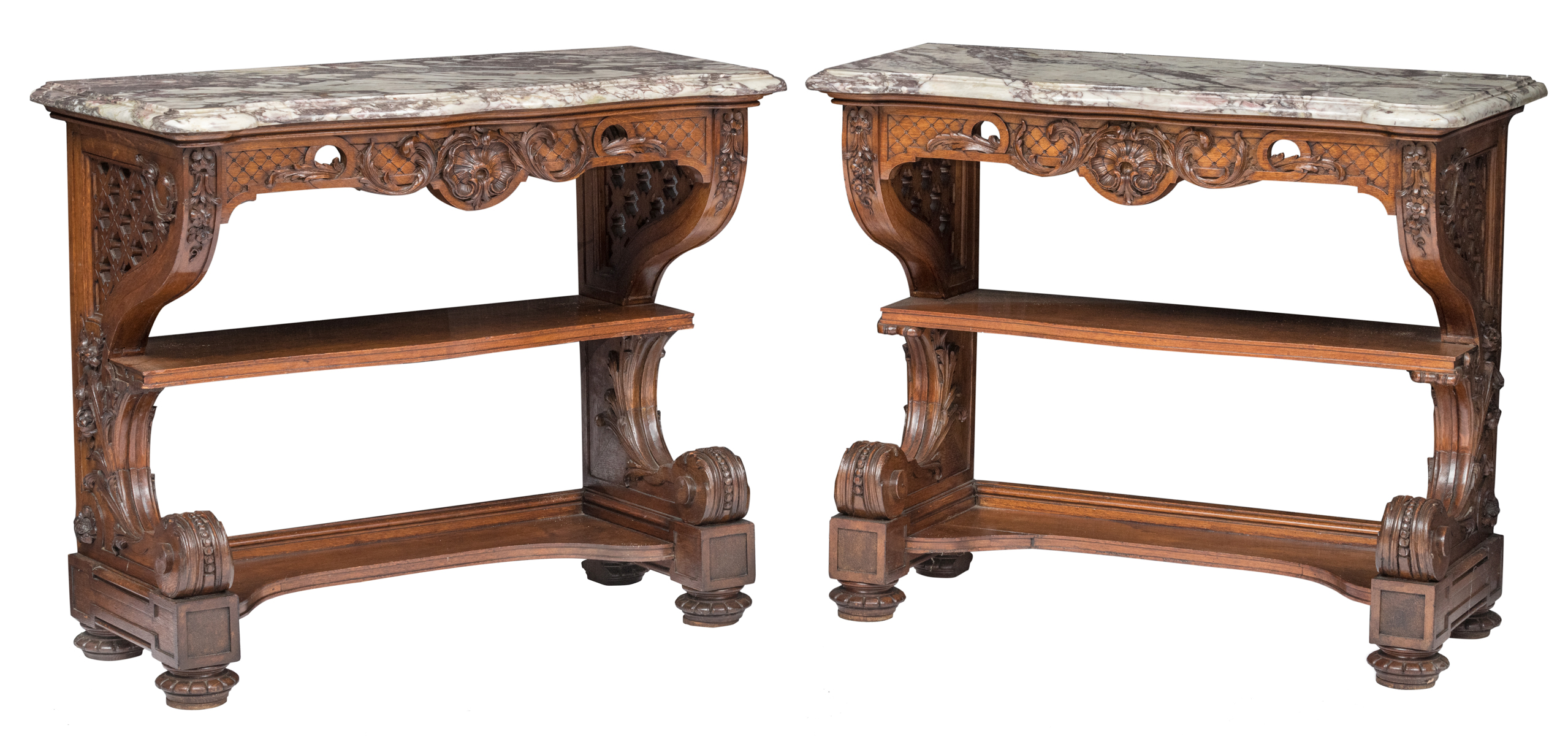 A pair of richly carved oak Baroque style wall consoles, with a Brèche violet marble top, H 89 - W 1