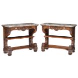 A pair of richly carved oak Baroque style wall consoles, with a Brèche violet marble top, H 89 - W 1