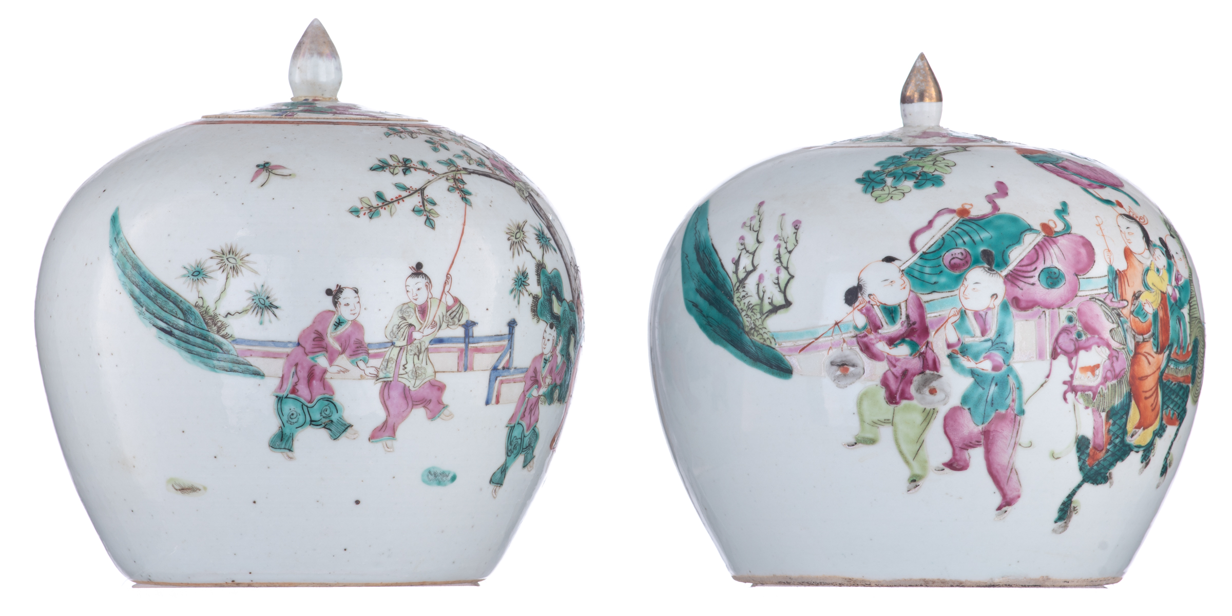 A pair of Chinese famille rose ginger jars, decorated with playing boys in a garden, 19thC, H 23,5 c - Image 4 of 6