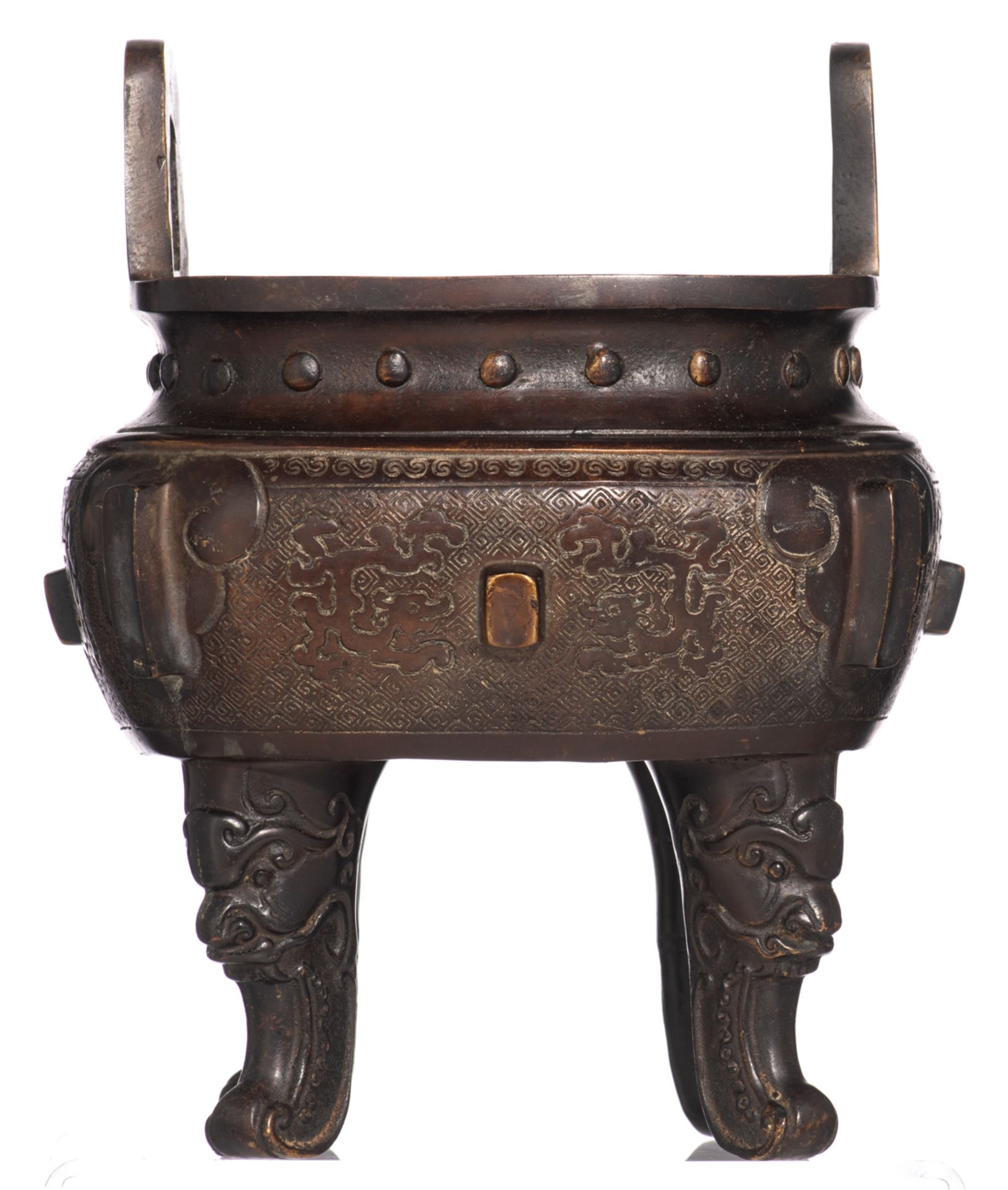 A Chinese archaic-style patinated quadrangular bronze incense burner, the legs mythical head-shaped, - Image 3 of 8