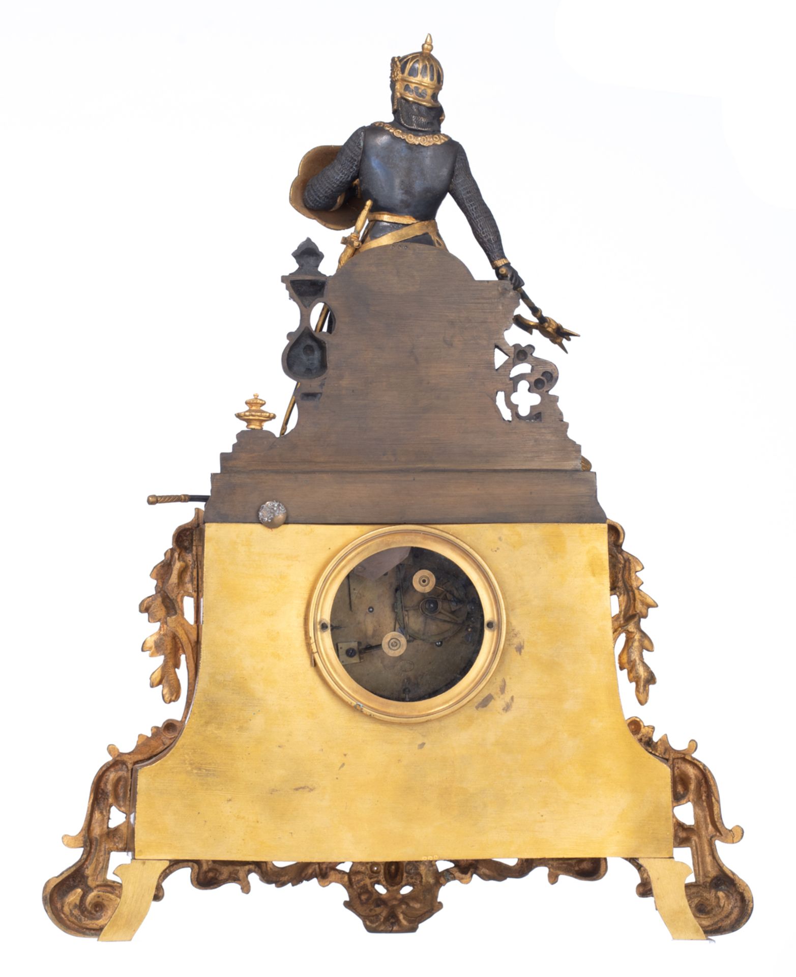 A 19thC French gilt and patinated bronze mantel clock with Carrara marble plaques, and on top a well - Image 4 of 7