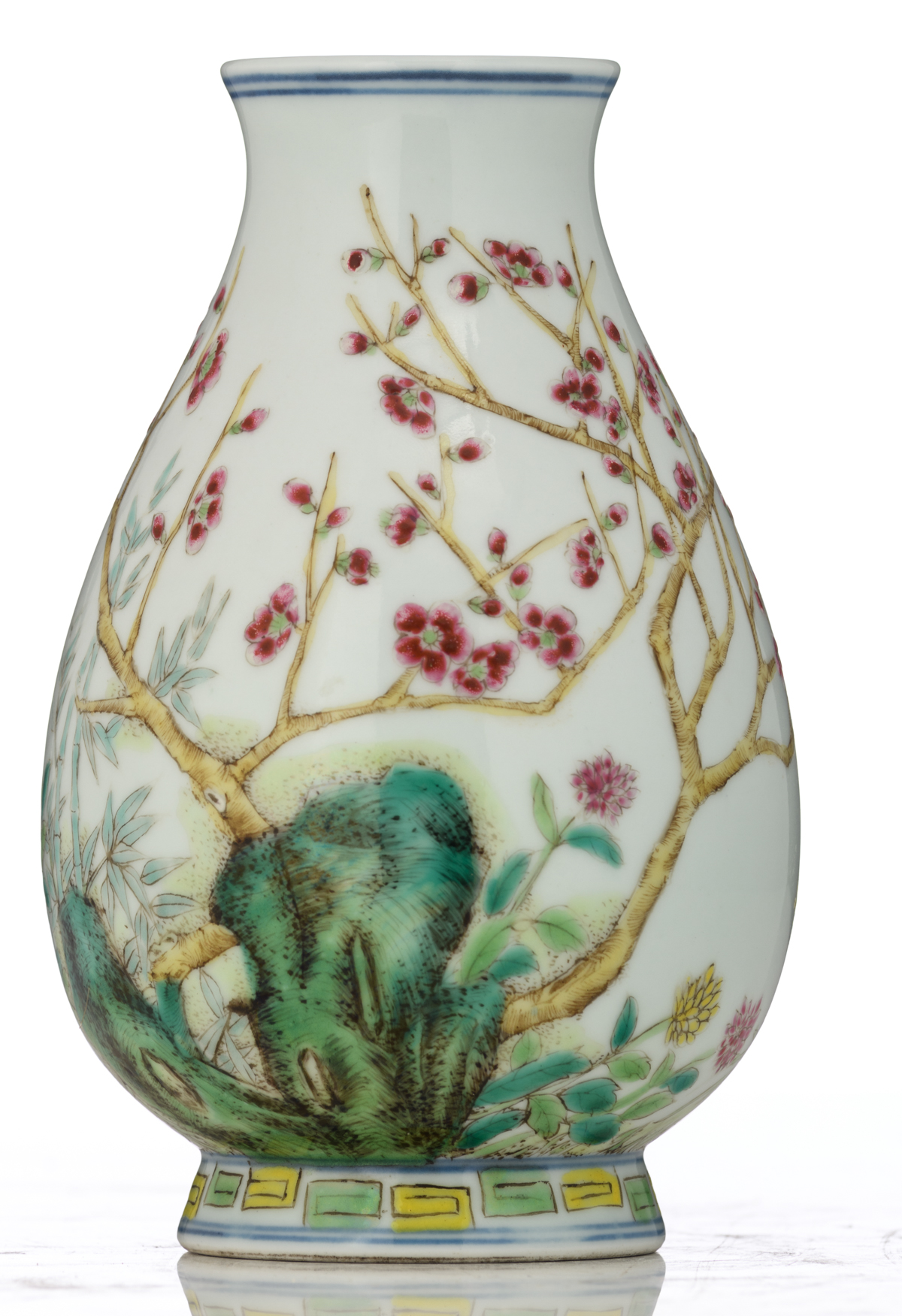 A Chinese famille rose hu vase, finely painted with birds on flower branches, with a Tongzhi mark, H - Image 3 of 7