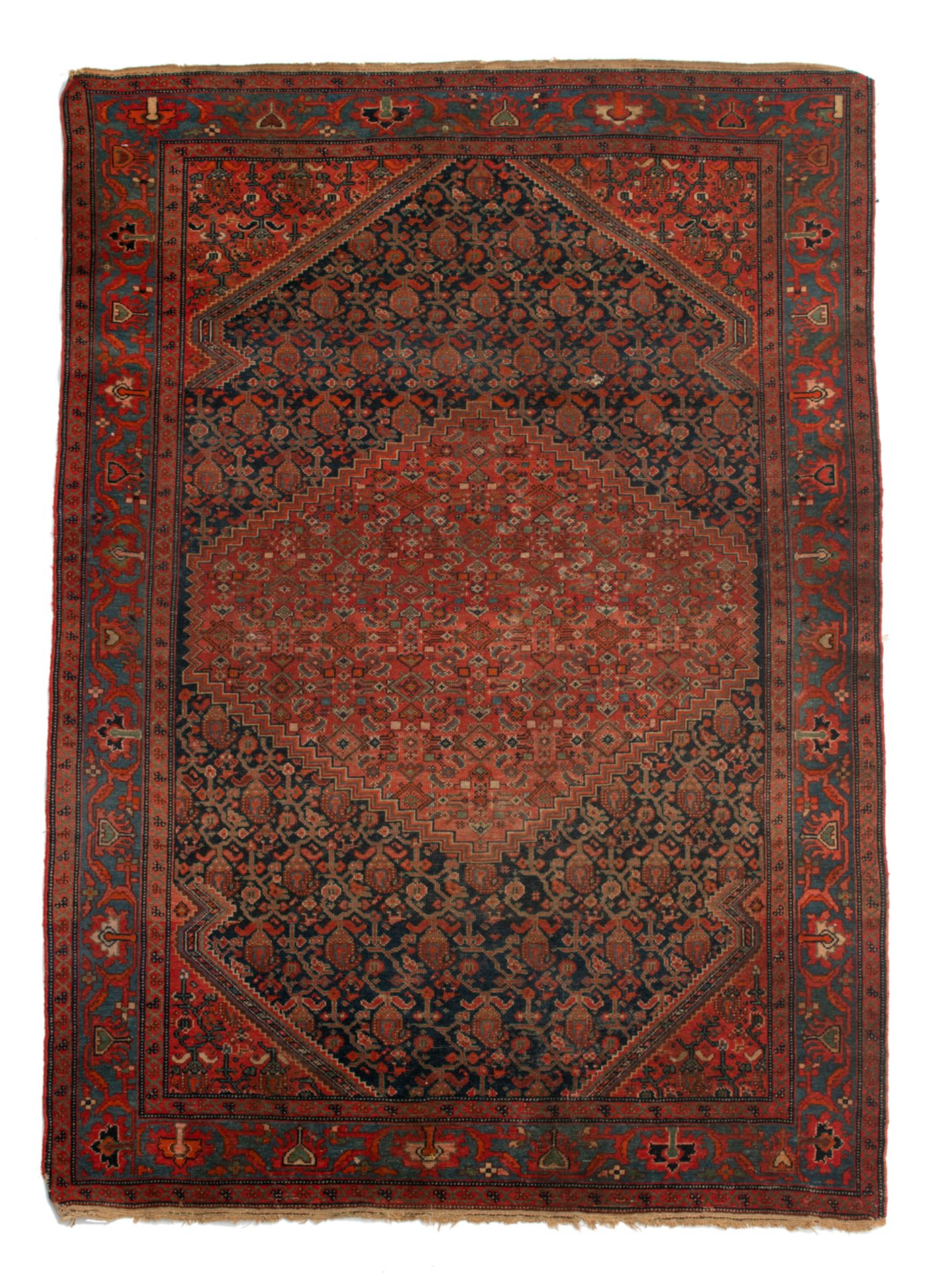 An Oriental woollen Malayer rug, decorated with geometric motifs, 124 x 185 cm