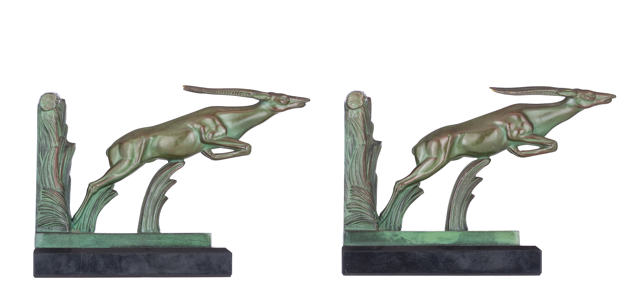 Le Verrier M., a fine pair of Art Déco bookends, shaped as jumping antilopes, patinated bronze on a - Image 4 of 8